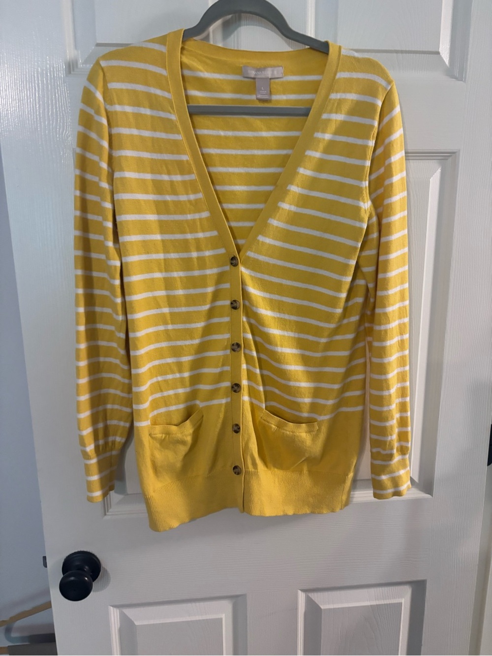 Banana Republic Yellow and White Striped Button-Up Cardigan (Large)
